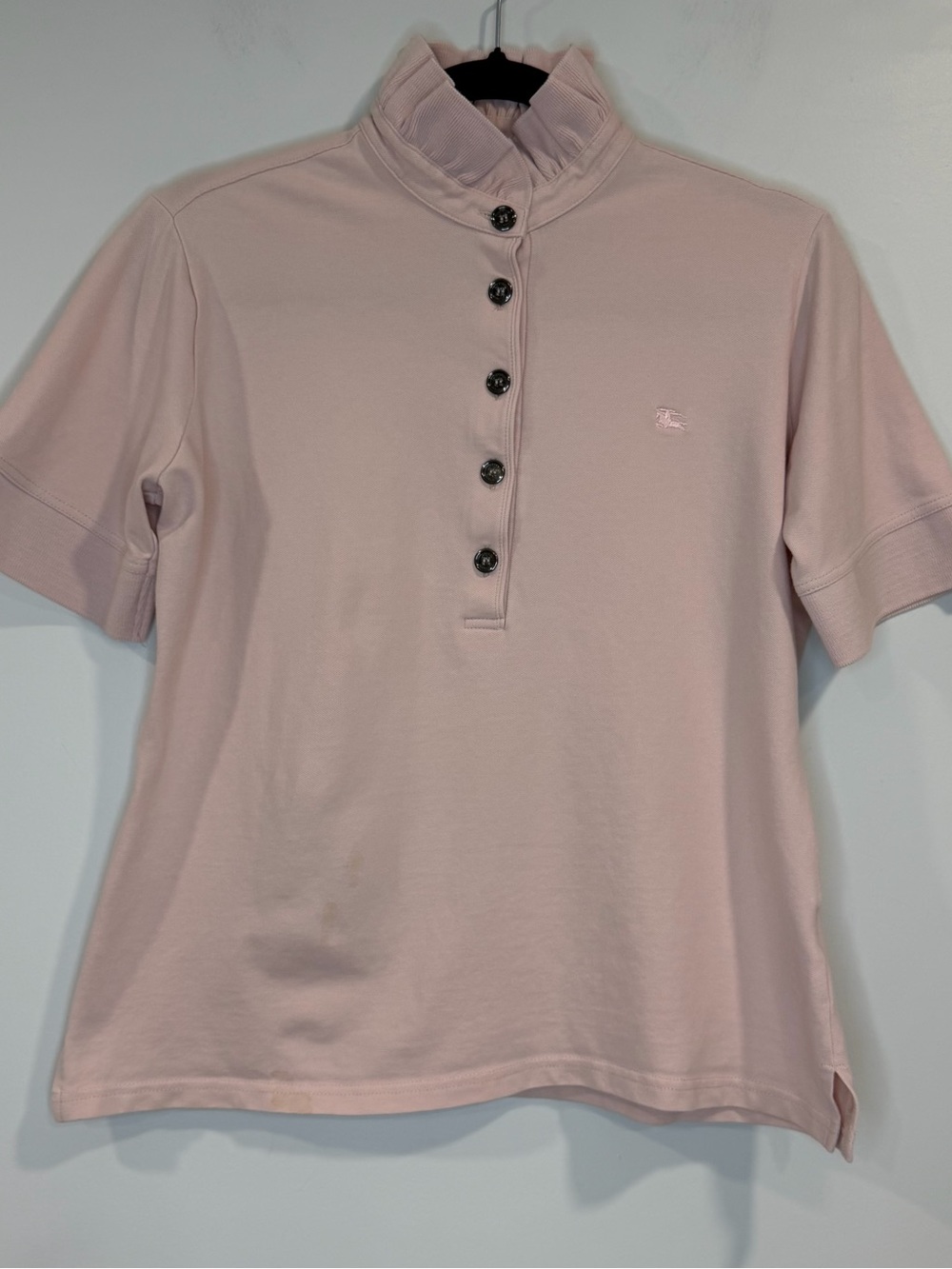 Burberry London Women’s Pink Cotton Ruffle Collar Polo Short Sleeve Top Size XL